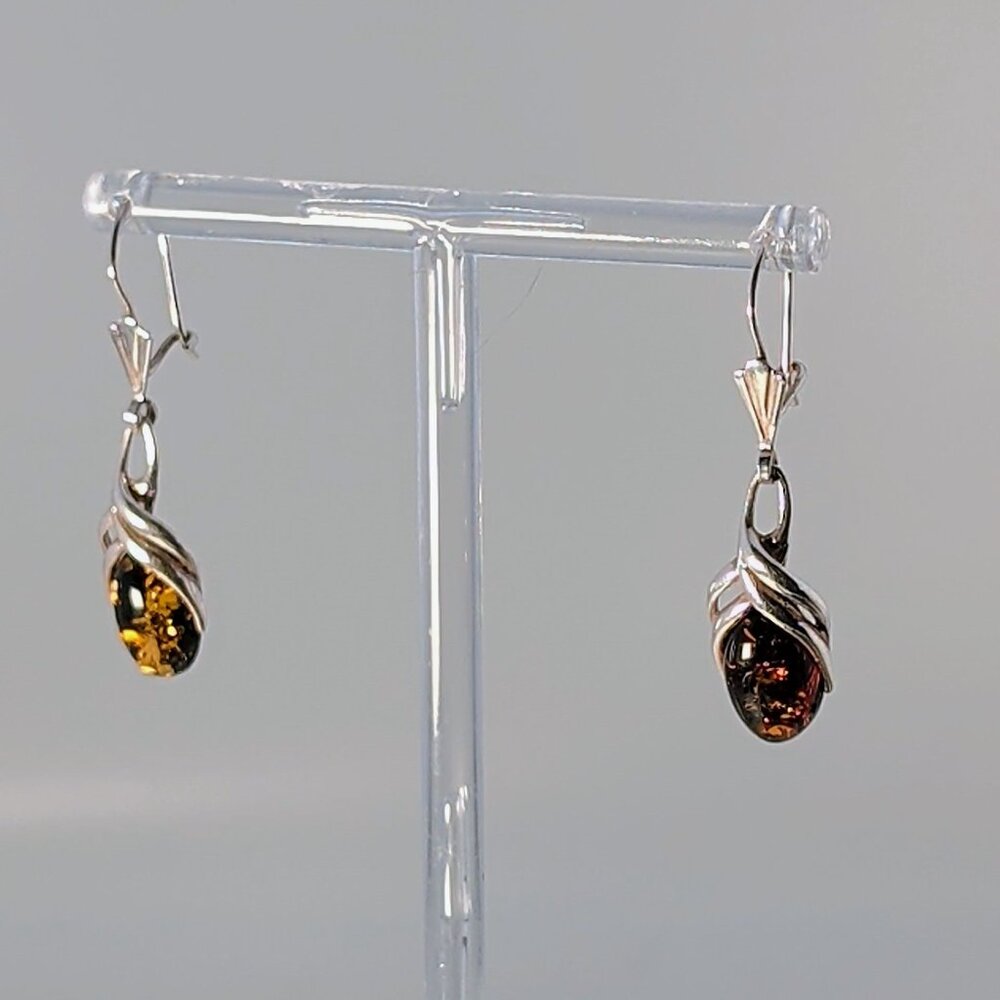 Sterling Silver Baltic Amber Dangle Earrings With Twist Design